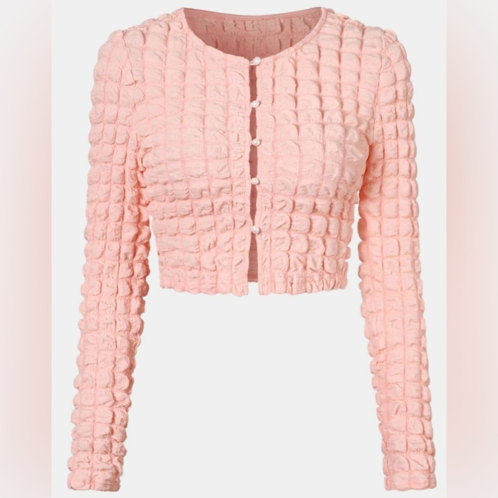 PINK, TEXTURED BUTTON FRONT CROP KNIT CARDIGAN, ELEGANT, CASUAL LONG SLEEVE